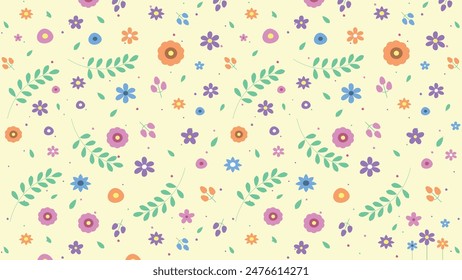 A flat-style vector illustration of a seamless floral pattern with confetti. Colorful flowers for decoration.