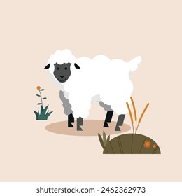 A flat-style vector illustration of a sheep, accompanied by a few plant graphics. Ideal for Eid al-Adha animal themes.