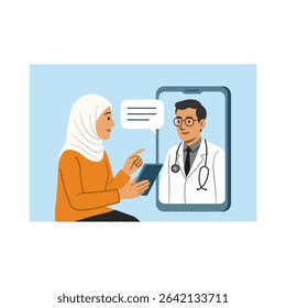 A flat-style vector illustration showing a Muslim woman wearing a hijab consulting with a male doctor via a digital tablet.