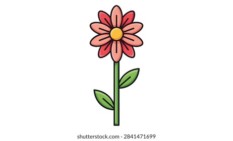 A flat-style vector illustration of a vibrant pink and red flower with a yellow center. The flower stands on a tall green stem with two small leaves, presented as a clean graphic on a white background.