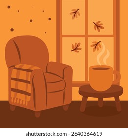 A flat-style vector illustration of a warm and cozy autumn interior. It features a soft armchair with a blanket, a hot steaming drink on a small wooden table, and colorful fall leaves outside the wind
