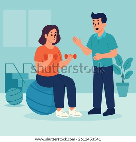 Flat-style vector illustration of a woman doing rehabilitation exercises with dumbbells on a fitness ball while a male trainer provides guidance. Concept of physical therapy and active recovery.
