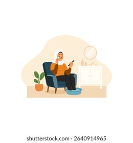 A flat-style vector illustration of a young Muslim woman wearing a hijab enjoying a self-care routine at home.