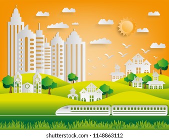 Flat-style vector illustration.Paper art style of landscape in the city with sunset.