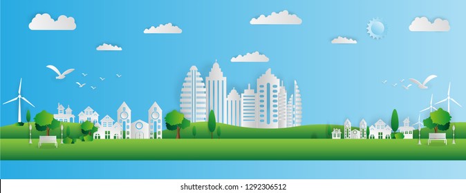 Flat-style vector illustration.Paper art style of landscape in the city.