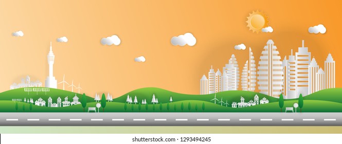 Flat-style vector illustration.Paper art style of landscape in the city with sunset
