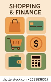 flat-style vector set of 6 shopping and finance icons: credit card, wallet, cart, calculator, dollar sign, and bag. Ideal for fintech apps, online stores, and e-commerce designs.