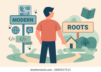 Flat-style vector showing a person standing at a fork in the road between "MODERN" and "ROOTS". One path leads to tech and digital icons, the other to nature and a house. A visual metaphor for life ch