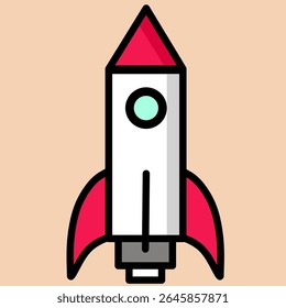 Flat-style vector of a white missile featuring a single blue window and flame. Suitable for kids’ educational tools, space infographics, or app icons.