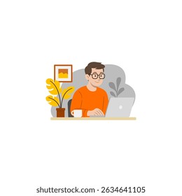 Flat-style vector of a young man working remotely at home with laptop, coffee, and plants. Casual workspace for freelance, remote job, or online business concept.