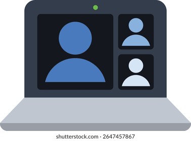 A flat-style video call icon on a laptop screen. Ideal for themes such as virtual meetings, online interviews, remote classes, digital communication, and remote work visuals.