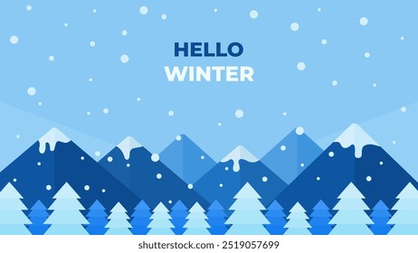 Flat-style winter background featuring snow, mountains, and trees. Vector illustration.