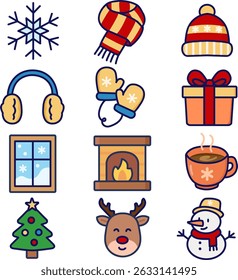 Flat-style winter icon set with earmuffs, mittens, scarf, snowflake, gift box, fireplace, and snowman. Perfect for seasonal content, holiday designs, and digital decor.