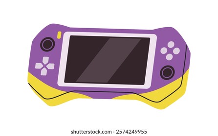 Flat-styled purple and yellow handheld gaming console with buttons and a screen, on a clean white background. Concept of gaming and entertainment. Vector illustration