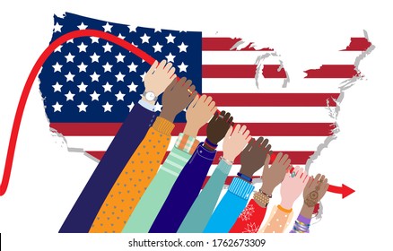 Flatten the curve - call to act all american citizens to stop spreading coronavirus covid-19 in USA, save lives. Hands of diverse colors skin people, United States of America map, flag. Vector banner.