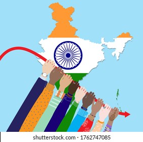 Flatten the curve - call to act all indian citizens to stop pandemic spreading coronavirus covid-19 in India, save lives, health care. Hands of diverse colors skin people, map, flag. Vector banner.