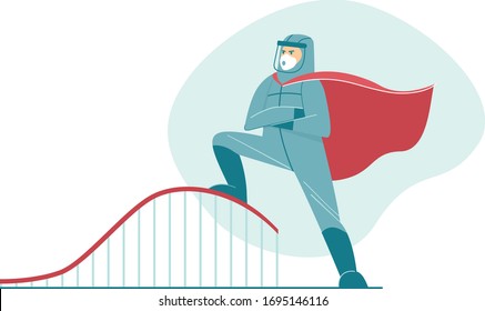 Flatte die Kurve. Coronavirus COVID-19 verhindert eine starke Infektionsspitze. Der Arzt, der eine volle Schutzausrüstung in der Superheldenkapsel trägt, arbeitet daran, die Kurve zu flachen, um die COVID-19-Infektion zu verlangsamen. Flache Vektorillustration 
