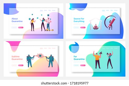 Flatten Curve of Covid19 Pandemic Landing Page Template Set. Tiny Characters at Presenting Spreading of Epidemic with Protective Measures and Without on Data Charts. Cartoon People Vector Illustration