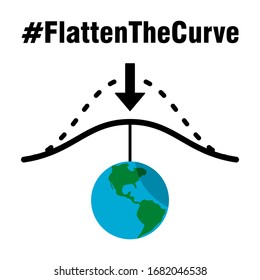 Flatten The Curve Hashtag Icon with Earth Symbol Pulling the Curve Down. Vector Image.