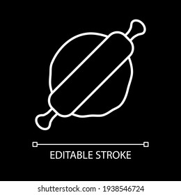 Flatten dough with rolling pin white linear icon for dark theme. Baking process. Pastry preparation. Thin line customizable illustration. Isolated vector contour symbol for night mode. Editable stroke