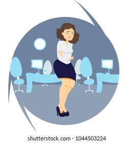 Flatten Vector illustration - Cartoon businesswoman character with abdominal pain, stomach problems at work, hunger gastritis