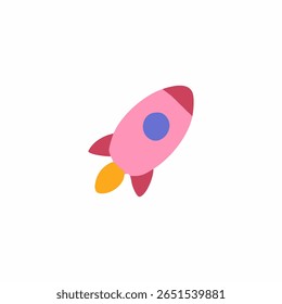 Flattened pink rocket icon with a small blue circle and orange flame