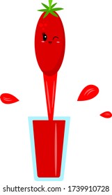 Flattened tomato from which juice flows into a glass around is flying bright red drops. The concept of a healthy drink and agricultural object on a white background.