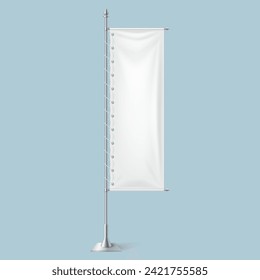 Flattering blank textile flag on metal pole stand realistic vector illustration. Fabric business table banner waved by wind 3d model on blue background,Flattering blank textile flag on metal pole stan