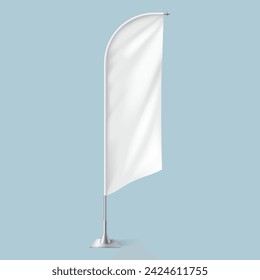 Flattering blank textile flag on metal pole stand realistic vector illustration. Fabric business table banner waved by wind 3d model on blue background