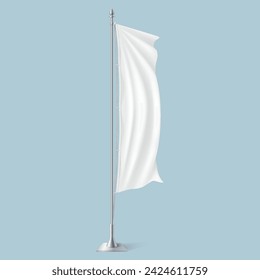 Flattering blank textile flag on metal pole stand realistic vector illustration. Fabric business table banner waved by wind 3d model on blue background