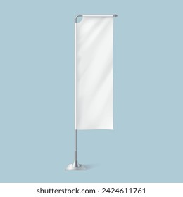 Flattering blank textile flag on metal pole stand realistic vector illustration. Fabric business table banner waved by wind 3d model on blue background