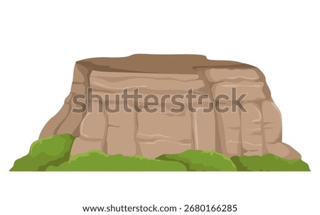 Flat-topped rocky mountain with visible layers and green bushes at the base, in cartoon graphic style on white background. Concept of nature. Vector illustration
