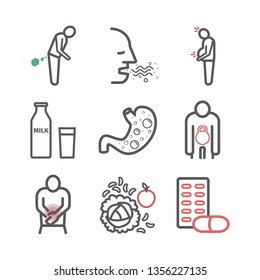 Flatulence banner. Symptoms, Treatment. Line icons. Vector signs for web graphics.