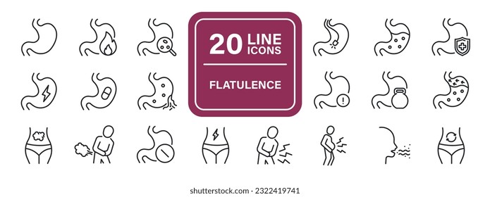 Flatulence, stomach, ache, gastroenteritis line icons. For website marketing design, logo, app, template, ui, etc. Vector illustration.