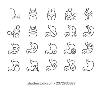 Flatulence, stomach, ache, gastroenteritis line icons. For website marketing design, logo, app, template, ui, etc. Vector illustration.