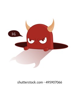 Flat,vector. Cartoon devil menacing looks at you out of the hole. 