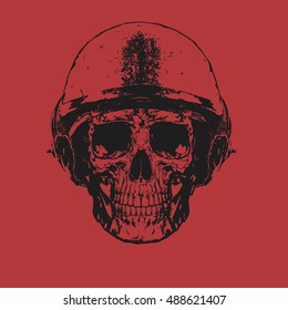 Flat,vector. Drawing the human skull in the military helmet