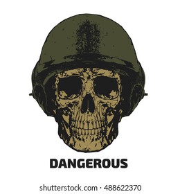 Flat,vector. Drawing the human skull in the military helmet.