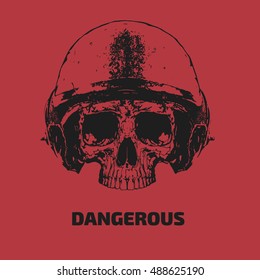 Flat,vector. Drawing the human skull in the military helmet.