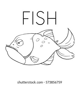 Flat,vector. Figure evil piranhas. Cartoon fish. Line illustration.