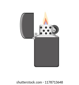 Flatvector icon of pocket cigarette lighter with gray metal housing and hinged lid. Object for smoker