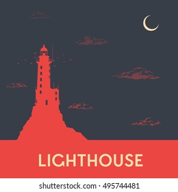 Flat,vector. Night lighthouse standing on a cliff. Grunge poster.