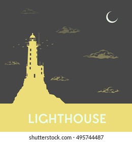 Flat,vector. Night lighthouse standing on a cliff. Grunge poster.