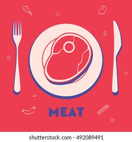 Flat,vector. Plate with cutlery. Human food. Meat dishes. Like to eat.