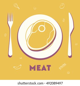 Flat,vector. Plate with cutlery. Human food. Meat dishes. Like to eat.