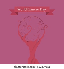 Flat,vector. World Cancer Day. Entwined branches globe.
