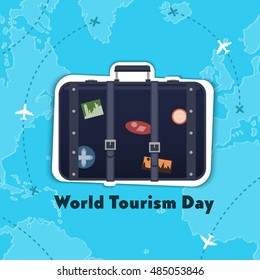 Flat,vector. World Tourism Day. Figure Suitcase With Stickers. Travel Throughout The Land.