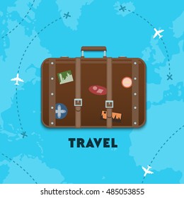 Flat,vector. World Tourism Day. Figure suitcase with stickers. Travel throughout the land.