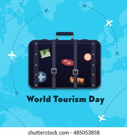 Flat,vector. World Tourism Day. Figure suitcase with stickers. Travel throughout the land.