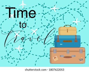 Flat,vector. World Tourism Day. Suitcases with stickers. Travel throughout the land.